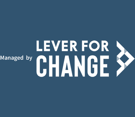 white text that reads 'managed by Lever for Change' against a dark gray-blue background